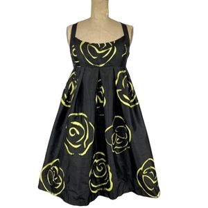 Vintage Y2K 2000's Black And Green Silk Floral Mini Babydoll Puff Dress